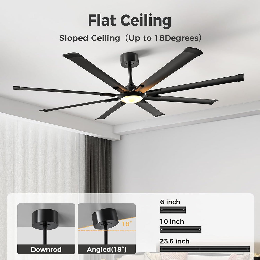 Obabala 72 Inch Industrial Ceiling Fan with Light and Remote Control, Large Ceiling Fans 8 Aluminum Blades, Quiet 35dB DC Motor, 6 Speed Dimmable LED, Indoor Outdoor for Garage Warehouse Patio