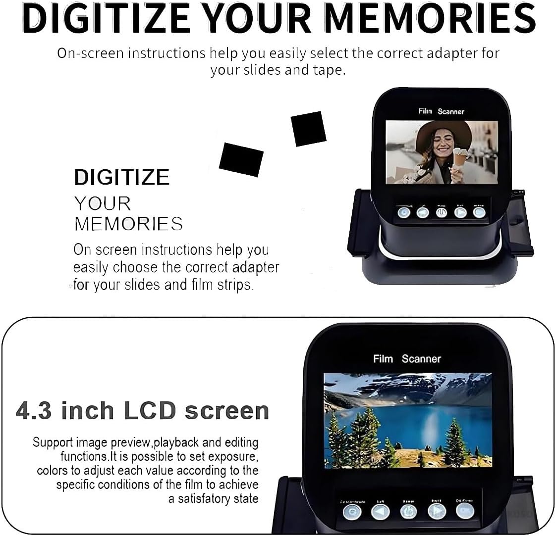 22MP Film Slide Scanner with 4.3' LCD Screen Converts 35mm 120 126 127 135 Negatives to Digital Photos Easy-Load Adapters SD Card Slot for Photo Archiving