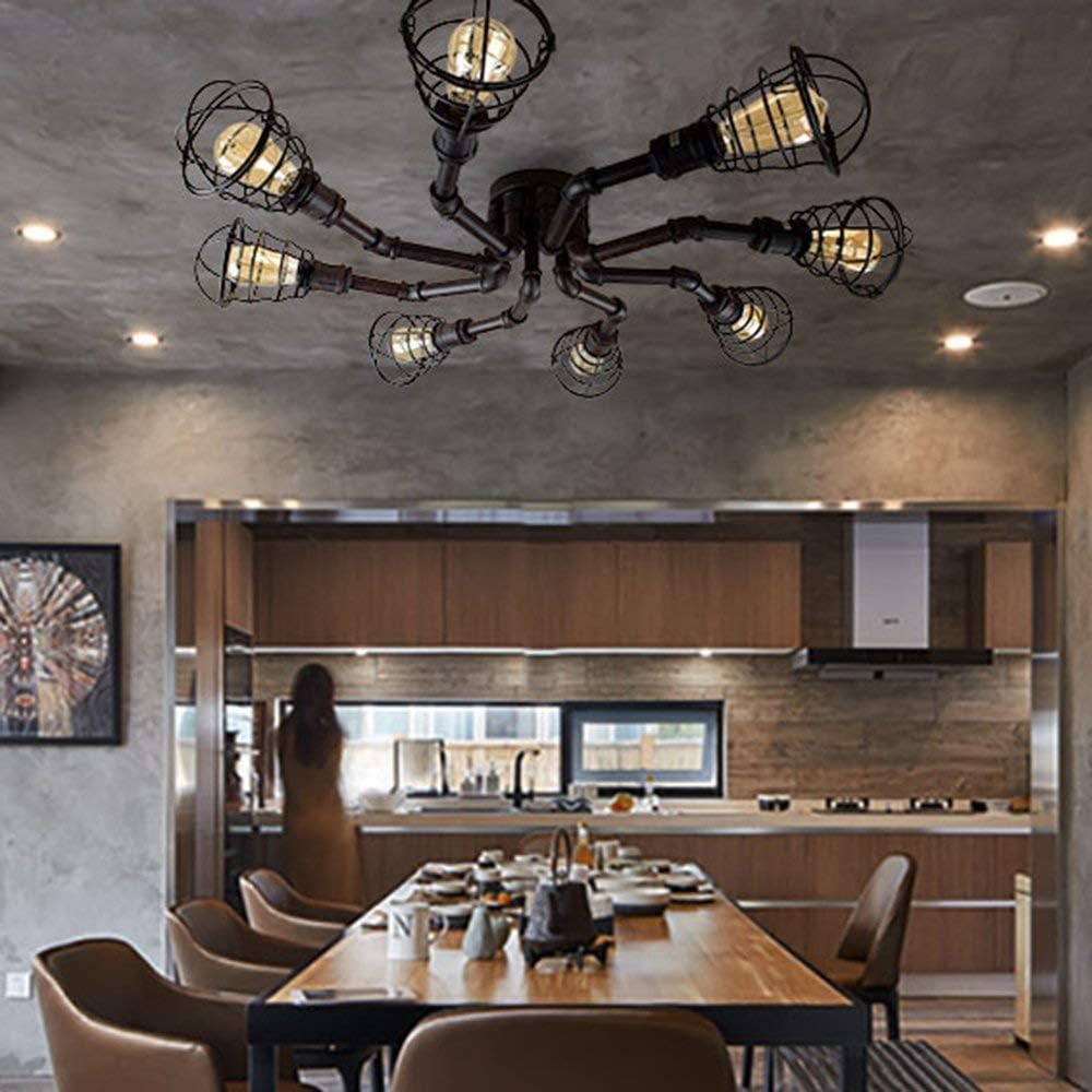 8 Lights Industrial Cage Pipe Ceiling Light-LITFAD Retro Rustic Iron Vintage Hanging Pendant Light Edison Ceiling Chandelier LED Semi-Flush Fixtures