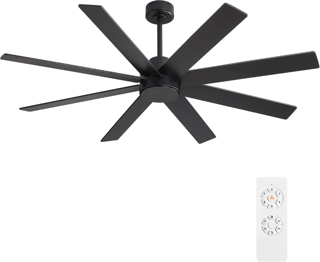 WINGBO 60' Large DC Ceiling Fans without Lights, 3 Downrods, 8 Plywood Blades, 6-Speeds Reversible DC Motor, Indoor Ceiling Fan No Lights for Bedroom Living Room Patio, Black