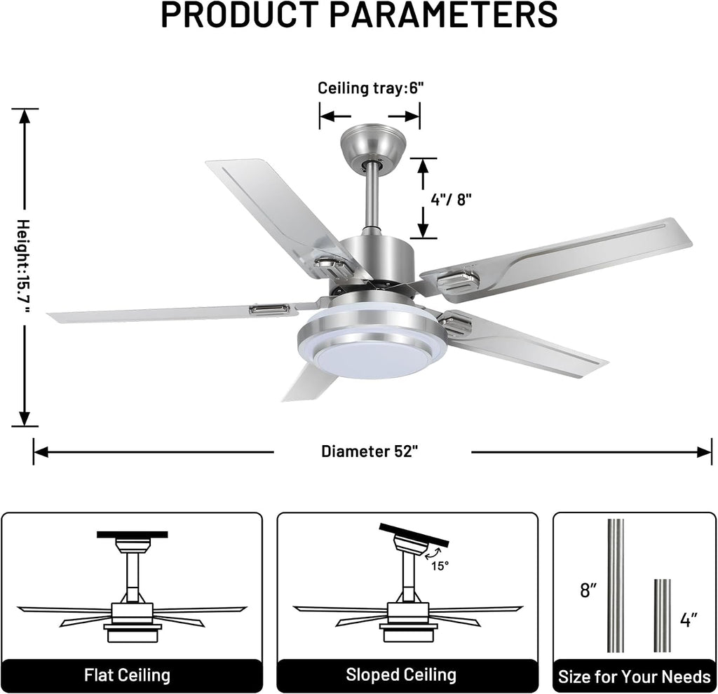 Modern Ceiling Fans with Lights Remote, 52'' Outdoor Ceiling Fan with Dimmable 3 Light Colors 3 Speed Reversible DC Motor, 5 Stainless Steel Blades Fandelier for Patio Porch Living Room