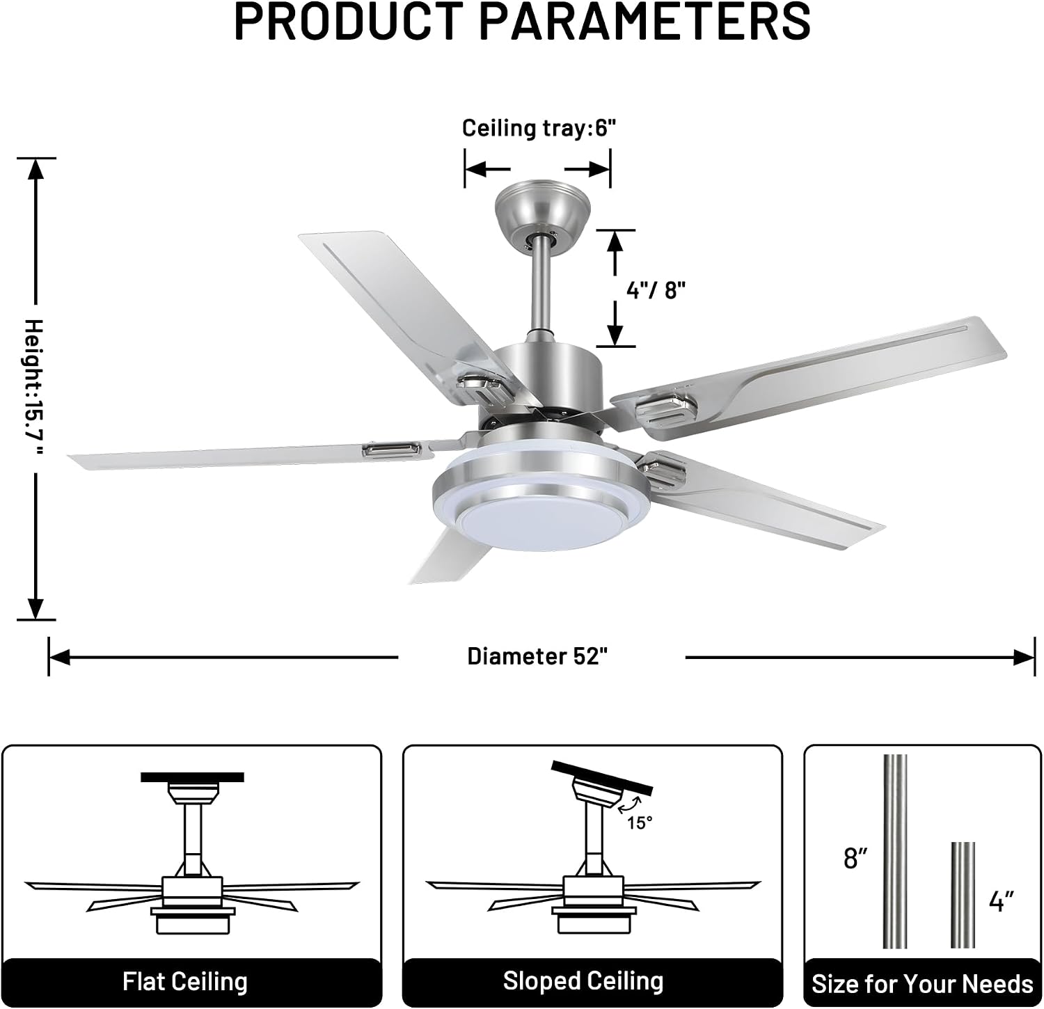 Modern Ceiling Fans with Lights Remote, 52'' Outdoor Ceiling Fan with Dimmable 3 Light Colors 3 Speed Reversible DC Motor, 5 Stainless Steel Blades Fandelier for Patio Porch Living Room
