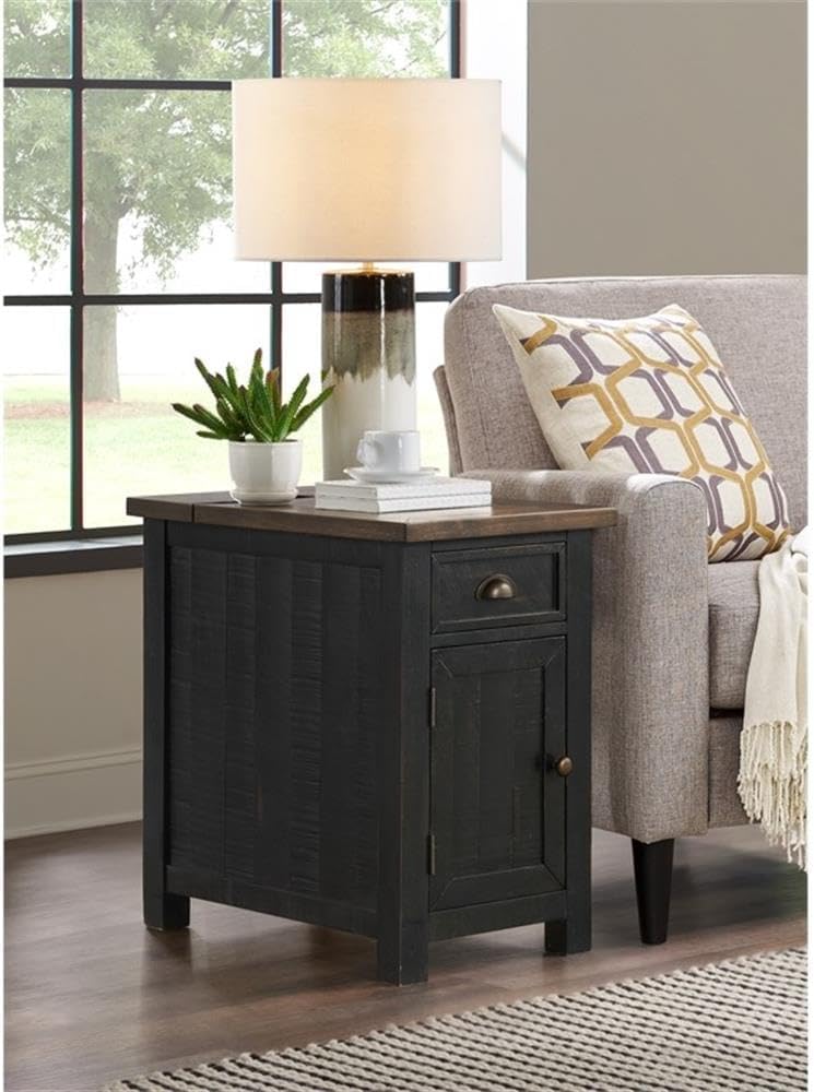 Martin Svensson Home Monterey Chairside Table - Black with Brown Top - Coastal Multi-Use Table with Charging Station and Drawer for Bedroom or Living Room
