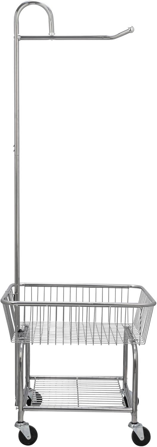 Household Essentials 6028-1 Rolling Laundry Cart with Hanging Bar - Chrome Finish, STORAGE, Metallic