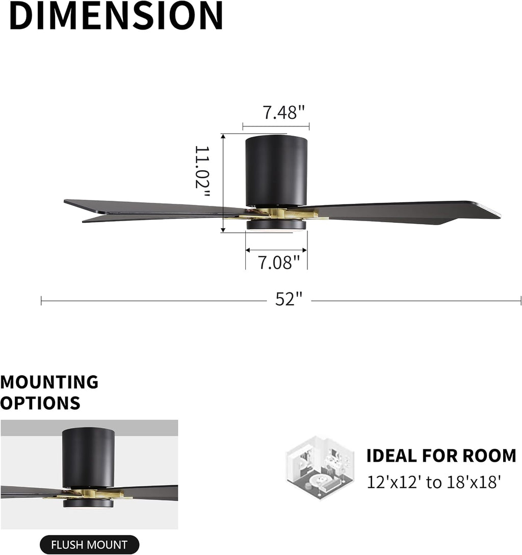 WINGBO 52' DC Flush Mount Ceiling Fan with Lights, 5 Plywood Blades, 6-Speed Reversible DC Motor, 3CCT, Low Profile Hugger Ceiling Fan for Living Room Bedroom Kitchen, Black and Brass