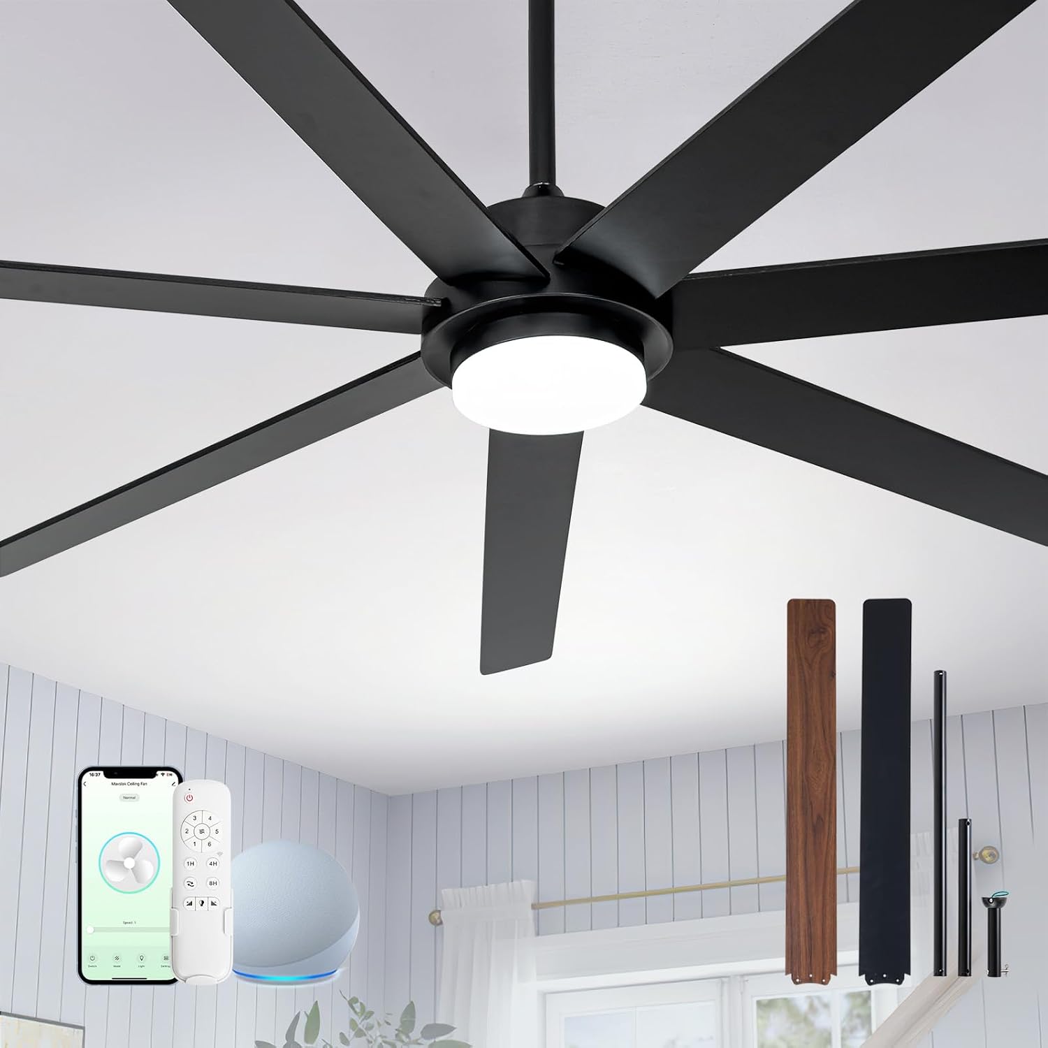 65 Inch Black Ceiling Fans with Lights and Remote,Smart Ceiling fan with Alexa App Control,6 Speed,Dimmable,Quiet DC Motor Large Outdoor Indoor Fan for Patio or Bedroom,Living Room