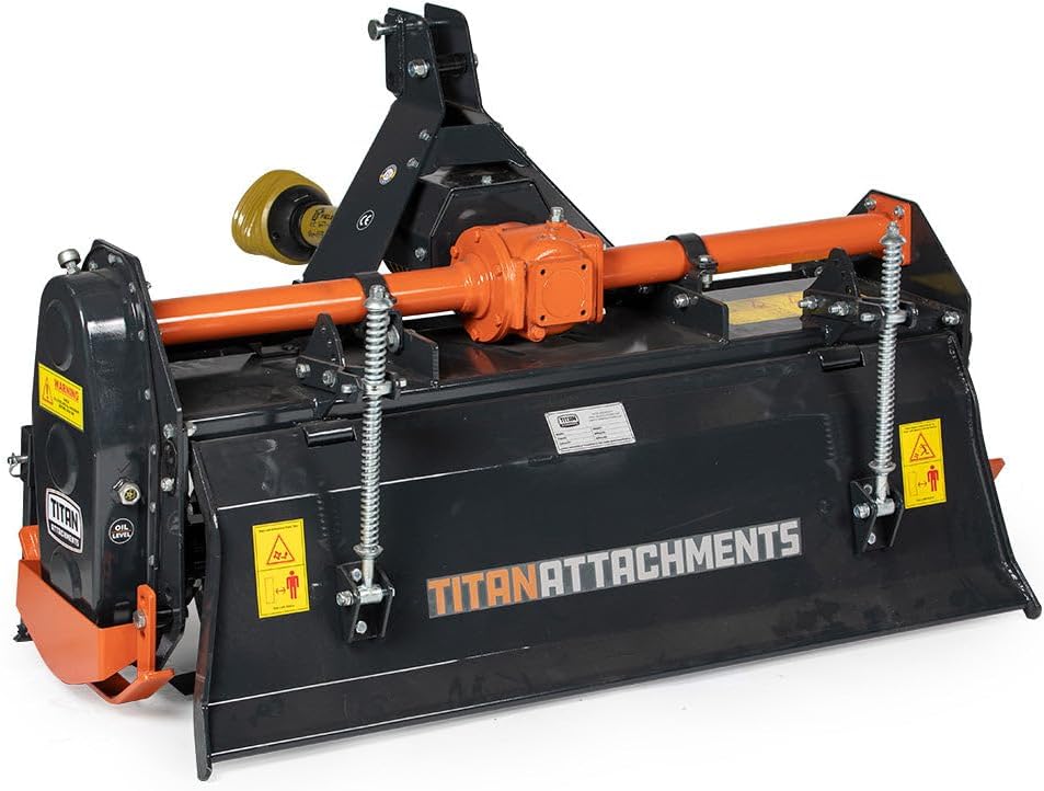 Titan Attachments 3 Point 48' Rotary Tiller Attachment Fits Cat 1 Tractors, Charcoal Finish, Single Speed PTO Driven Cultivator with a 540 RPM Gearbox, Replaceable L-Shaped Tines Work 5' Deep