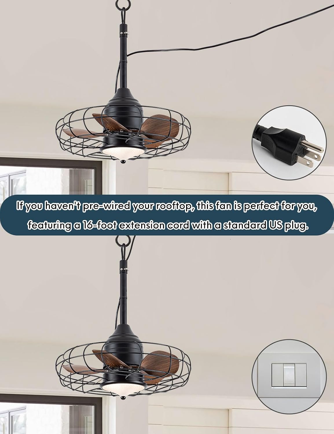 EKIZNSN 20' Outdoor Gazebo Ceiling Fans for Patios Waterproof, Wet Rated Plug in Ceiling Fan with Light, Hook Installation