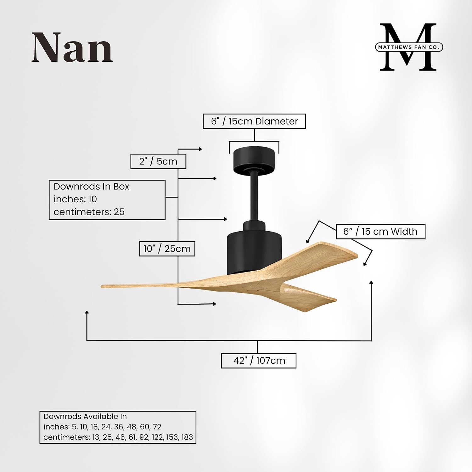 Matthews NK-BK-LM-42 Nan Damp Rated 42' Ceiling Fan with Remote and Wall Control, 3 Solid Wood Blades, Silent DC Motor, Matte Black with Light Maple Tone