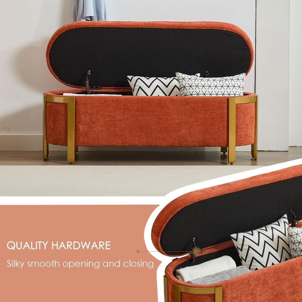 Hyfirm 48' Burnt Orange Storage Ottoman Bench – Oval Upholstered Stool with Gold Legs & Padded Seat, Long Settee for Living Room, Bedroom, End of Bed, Entryway, Hallway