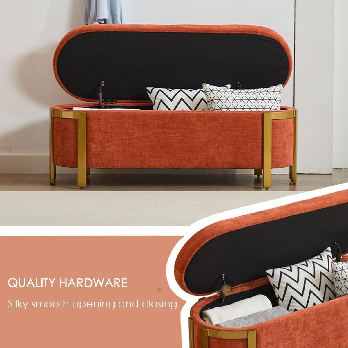 Hyfirm 48' Burnt Orange Storage Ottoman Bench – Oval Upholstered Stool with Gold Legs & Padded Seat, Long Settee for Living Room, Bedroom, End of Bed, Entryway, Hallway