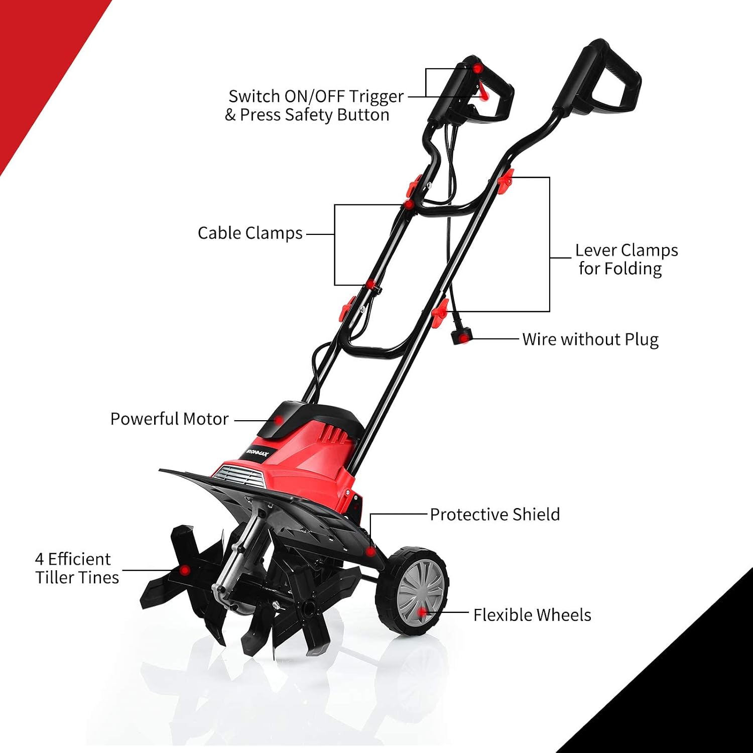 10 Amp Electric Tiller, Corded Rototiller Tool w/ Foldable Handle & 4 Tines, 14-Inch Tilling Width, Lightweight Garden Cultivator for Lawn Digging Soil