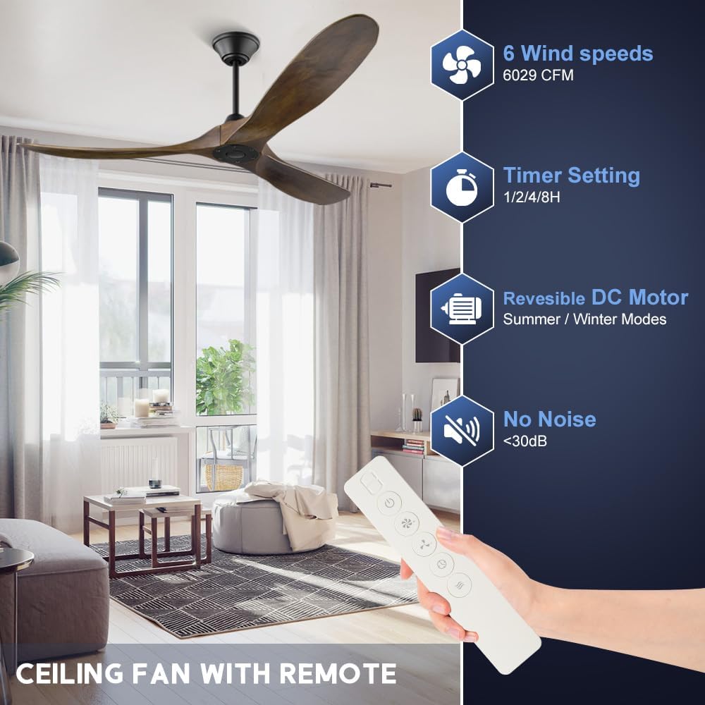 52 Inch Ceiling Fans without Light, Outdoor Ceiling Fans for Patios with Remote Control, 3 Propeller Blade, Quiet Reversible DC Motor, Large Airflow Wood Ceiling Fan for Exterior Porch
