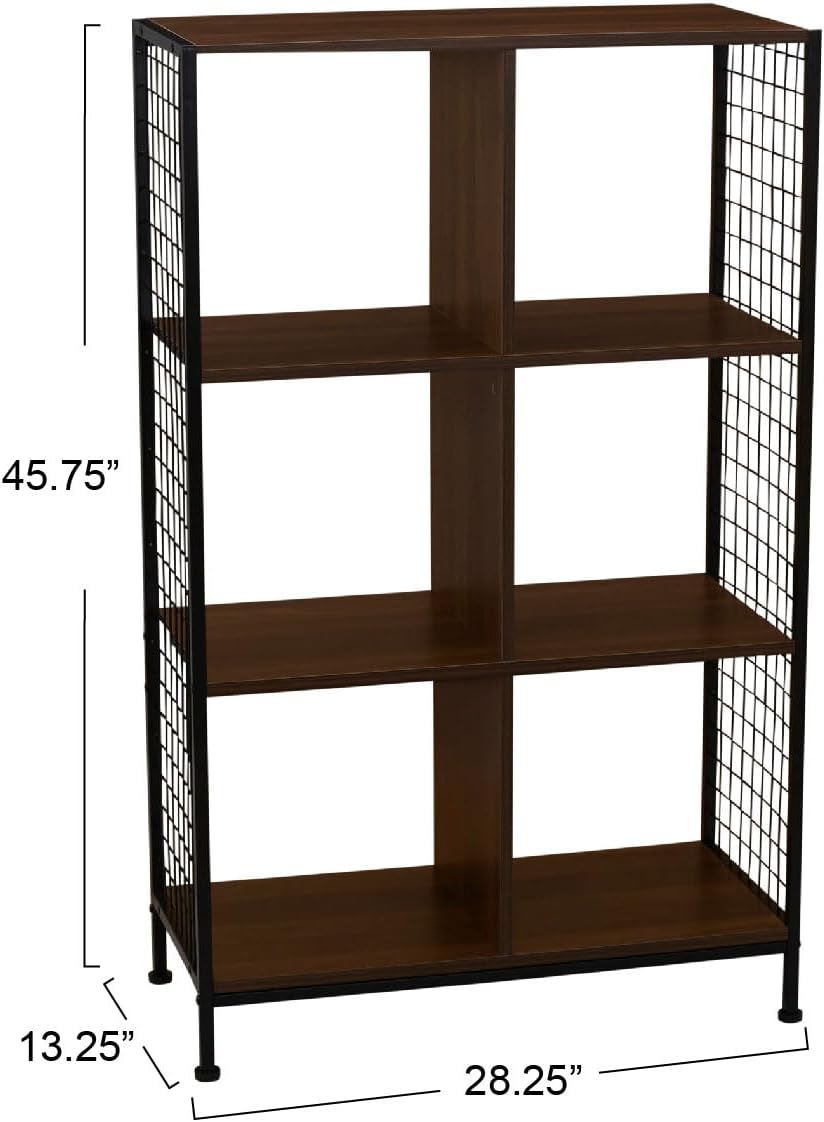 Household Essentials Trellis Open Storage Bookshelf with 6 Cube Compartments Mid Century Walnut Wood Grain and Black Metal