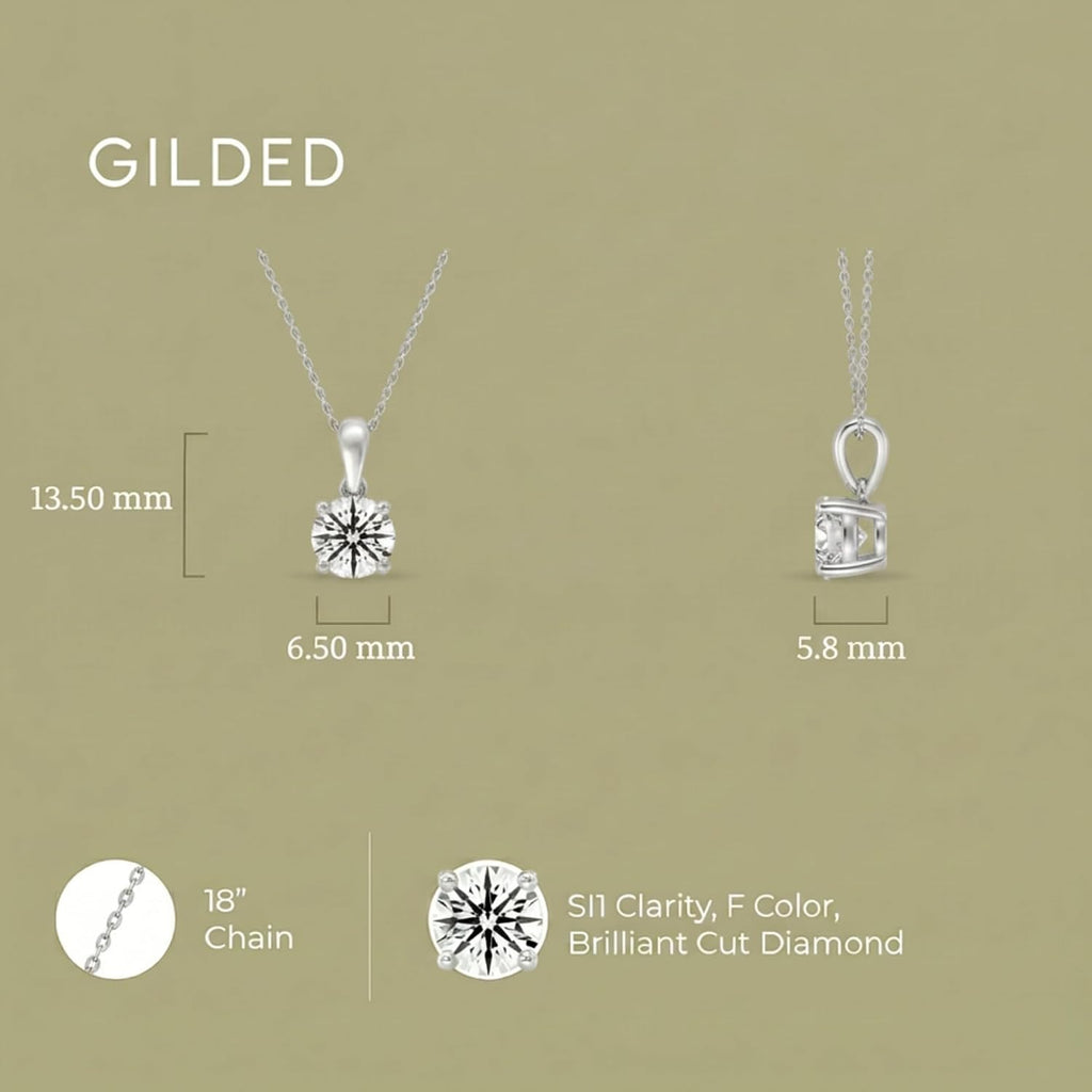 GILDED Round Solitaire 1/10 to 1 Cttw Lab-Grown Diamond Pendant Necklace, Sterling Silver and14KT Gold Plated Silver, Classic 4-Prong Setting, 18inch Chain