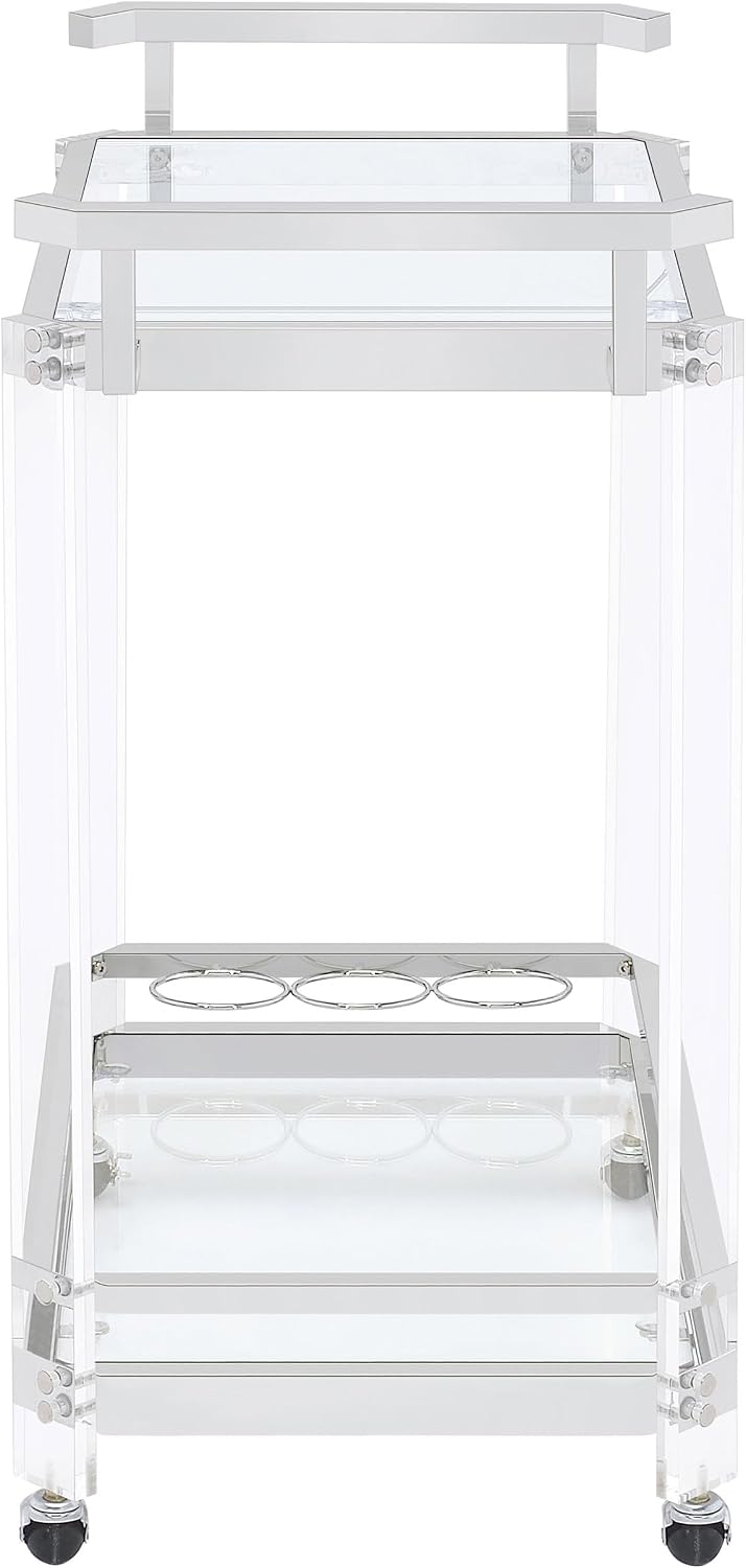 Coaster Home Furnishings - Jefferson - 2-Tier Acrylic & Metal Bar Cart with Wheels - Glass Shelf, Stemware Rack, Wine Bottle Holders - Contemporary - Dining Room - Clear & Chrome - 902589