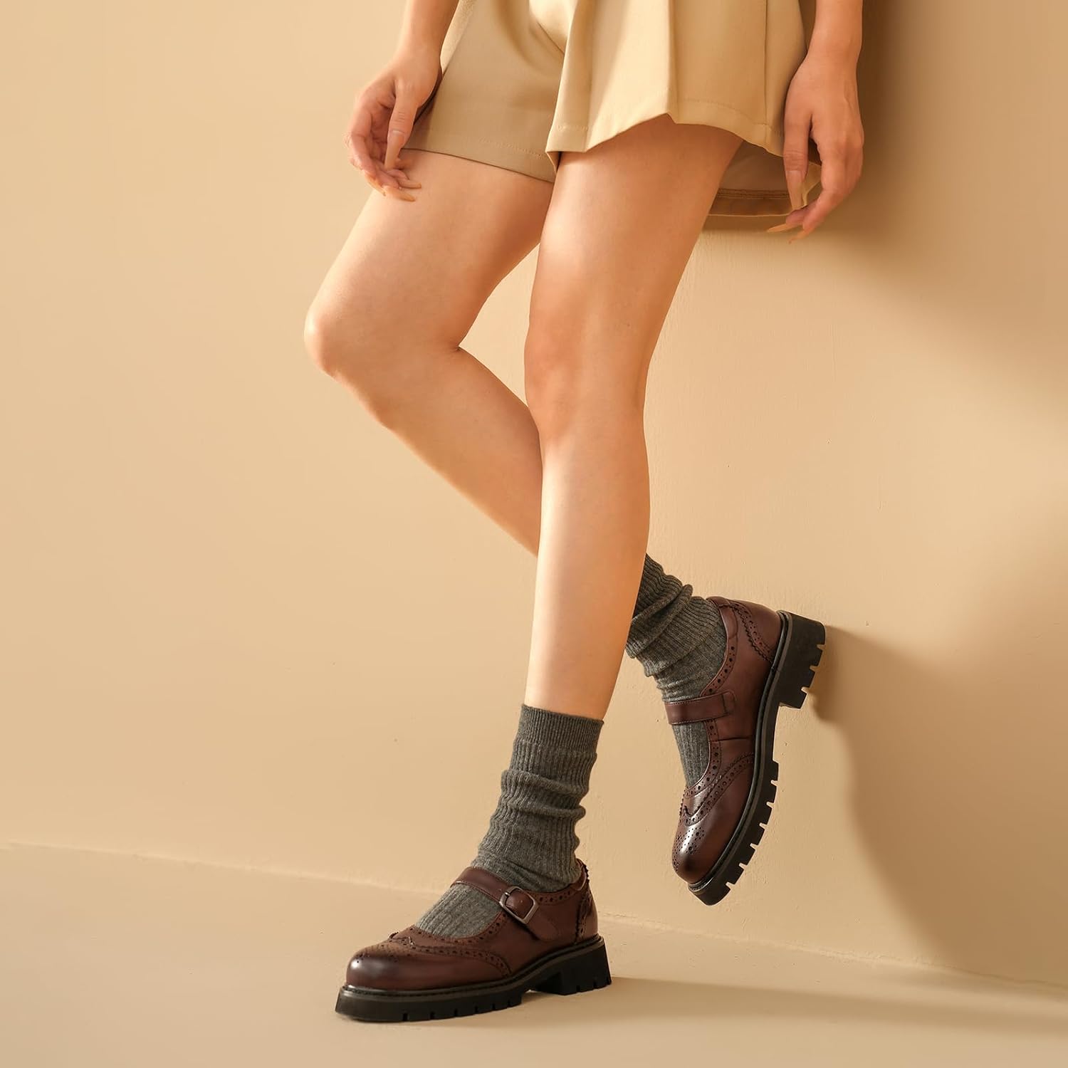 BEAU TODAY Mary Jane Shoes Women Mary Jane Flats Womens Oxford Wingtips Comfort Leather Round Toe Brogue Non-Slip Dressy Casual Cute Girls School Work Shoes