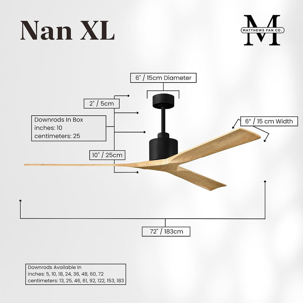 Matthews NKXL-BK-LM-72 Nan XL Damp Rated 72' Ceiling Fan with Remote and Wall Control, 3 Solid Wood Blades, Silent DC Motor, Matte Black with Light Maple Tone