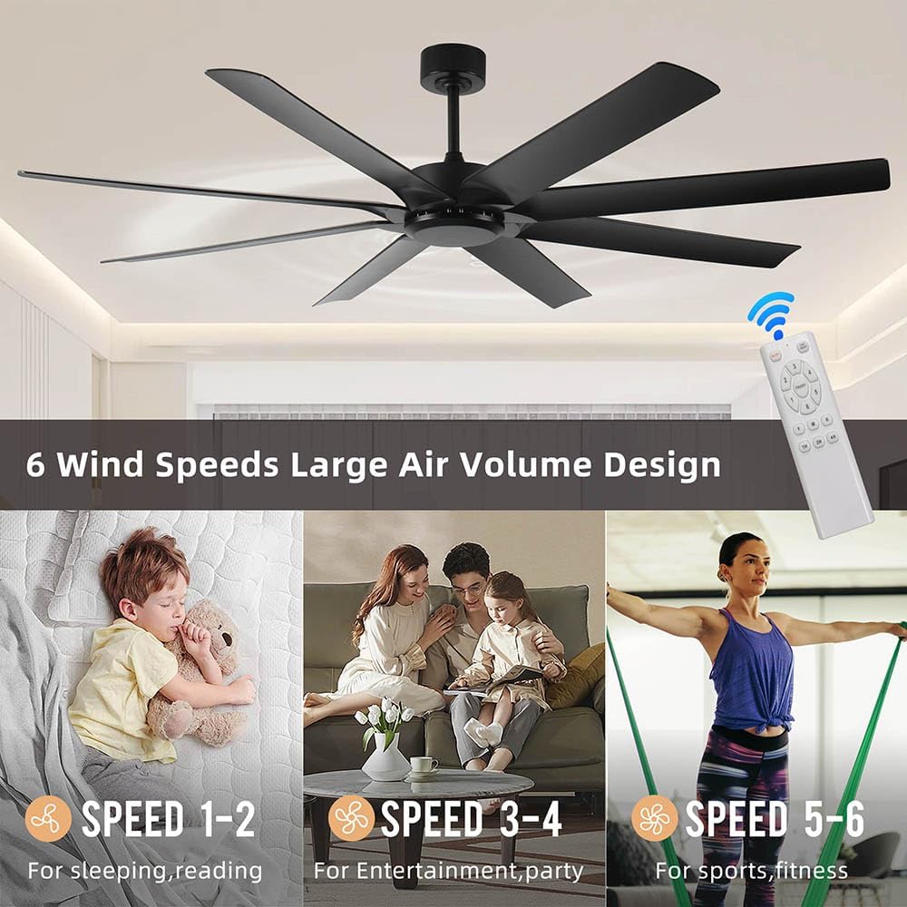 72inch Large Ceiling Fans No light,Industrial Ceiling Fan with 8 Blades(ABS),Reversible DC Motor,Quiet Fans with Remote control,3 Downrods,Black Ceiling Fans for Patio/Porch/Garage/Shop