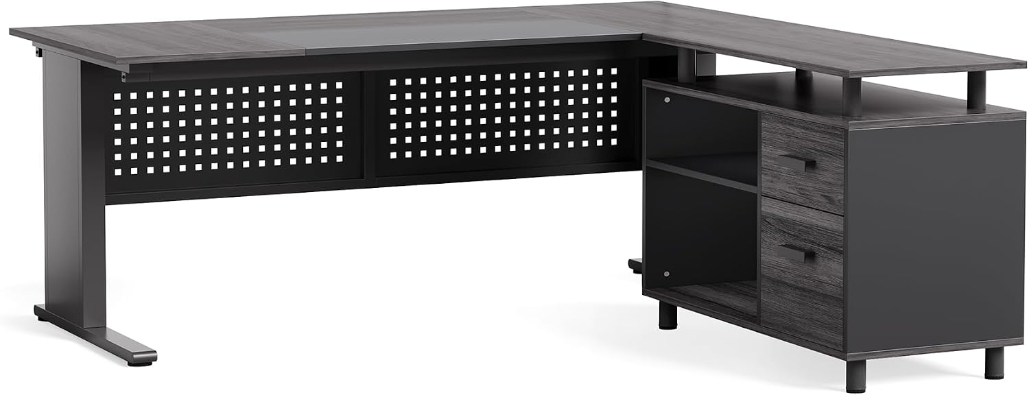 LITTLE TREE Large Computer Desk with File Cabinet, 63 Inch Executive Desk L Shaped Office Desk with Drawers and Storage Shelves, Business Furniture Desk Workstation for Home Office