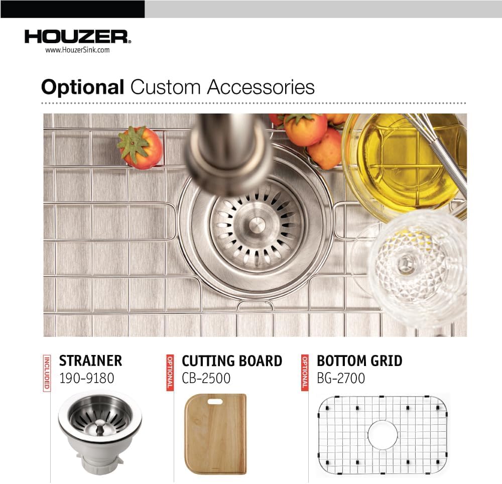 Houzer Medallion Designer Stainless Steel Kitchen Sink: 27 Inch Undermount Single D Bowl Sink with Strainer, Durable & Versatile, Essential for Home & Apartment: MS-2700-1