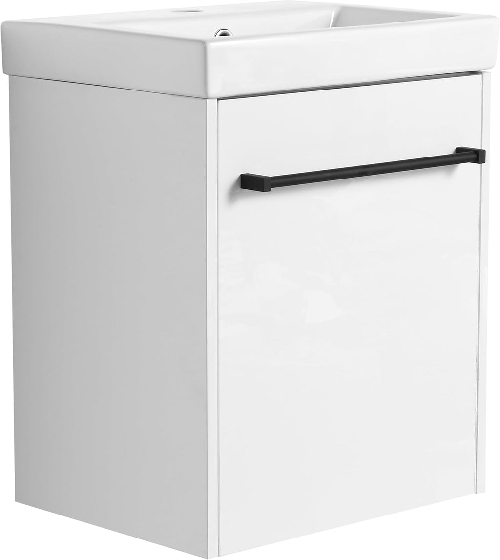 Glemab 17.31' Floating Wall-Mounted Bathroom Vanity, Wall-Mounted Storage Cabinet with Ceramic Sink, Soft-Close Cabinet Door, Bathroom Vanity with Ceramic Sink, White
