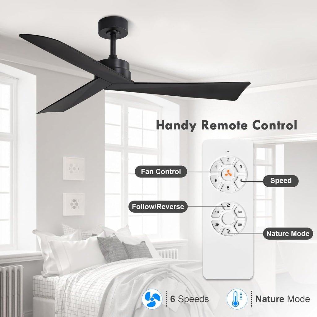 WINGBO 52' DC Ceiling Fan without Lights, Matte Black Ceiling Fan with Remote, 3 ABS Plastic Blades, 6 Speed Reversible DC Motor, Ceiling Fans No Light for Kitchen Bedroom Living Room