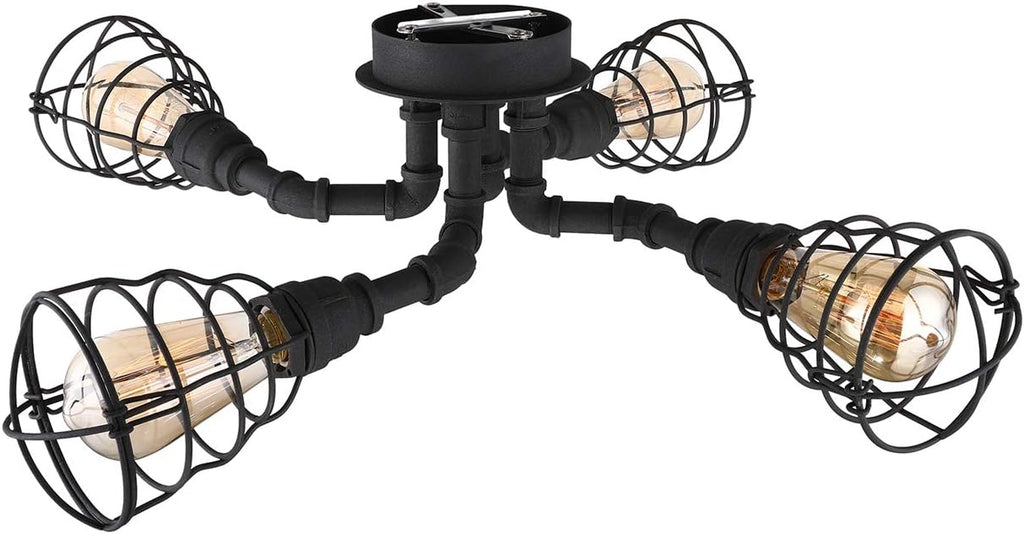 LITFAD Wrought Iron Pipe Semi Flush Light Industrial Wire Guard 4 Lights Ceiling Light Vintage Pendant Cage Lighting Edison Ceiling Chandelier in Black Finish for for Living Room Restaurant Cafe Bar