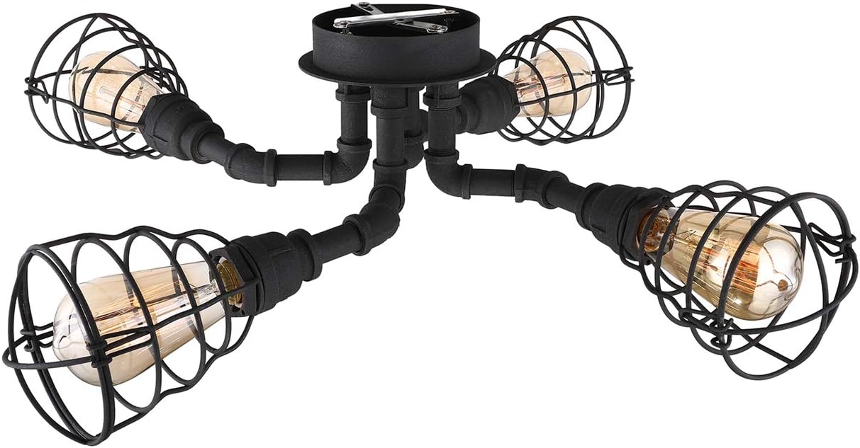 LITFAD Wrought Iron Pipe Semi Flush Light Industrial Wire Guard 4 Lights Ceiling Light Vintage Pendant Cage Lighting Edison Ceiling Chandelier in Black Finish for for Living Room Restaurant Cafe Bar