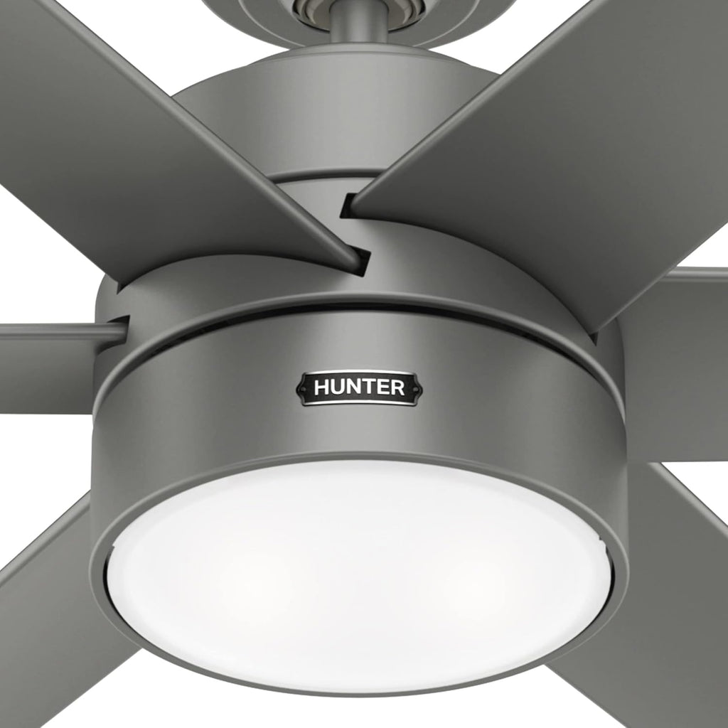 Hunter 60 inch Outdoor or Indoor Ceiling Fan with LED Light - Ceiling Fan with Wall Control, For Patio, Garage, or Porch, Quiet, Standard Mount, 6 Blades - Solaria 59625, Matte Silver