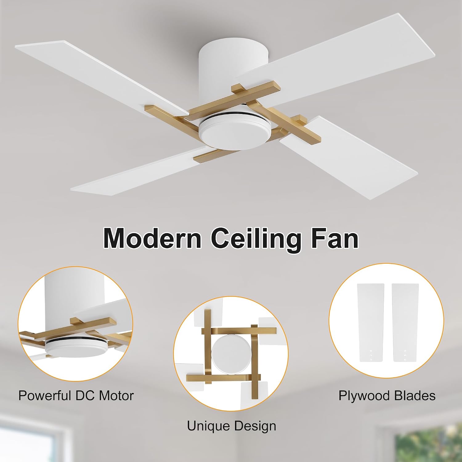 WINGBO 48 Inch Flush Mount Ceiling Fan without Light - 4 Plywood Blades, 6-Speed Reversible DC Motor, Noiseless Low Profile Ceiling Fan No Light for Bedroom Living Room, Gold and White