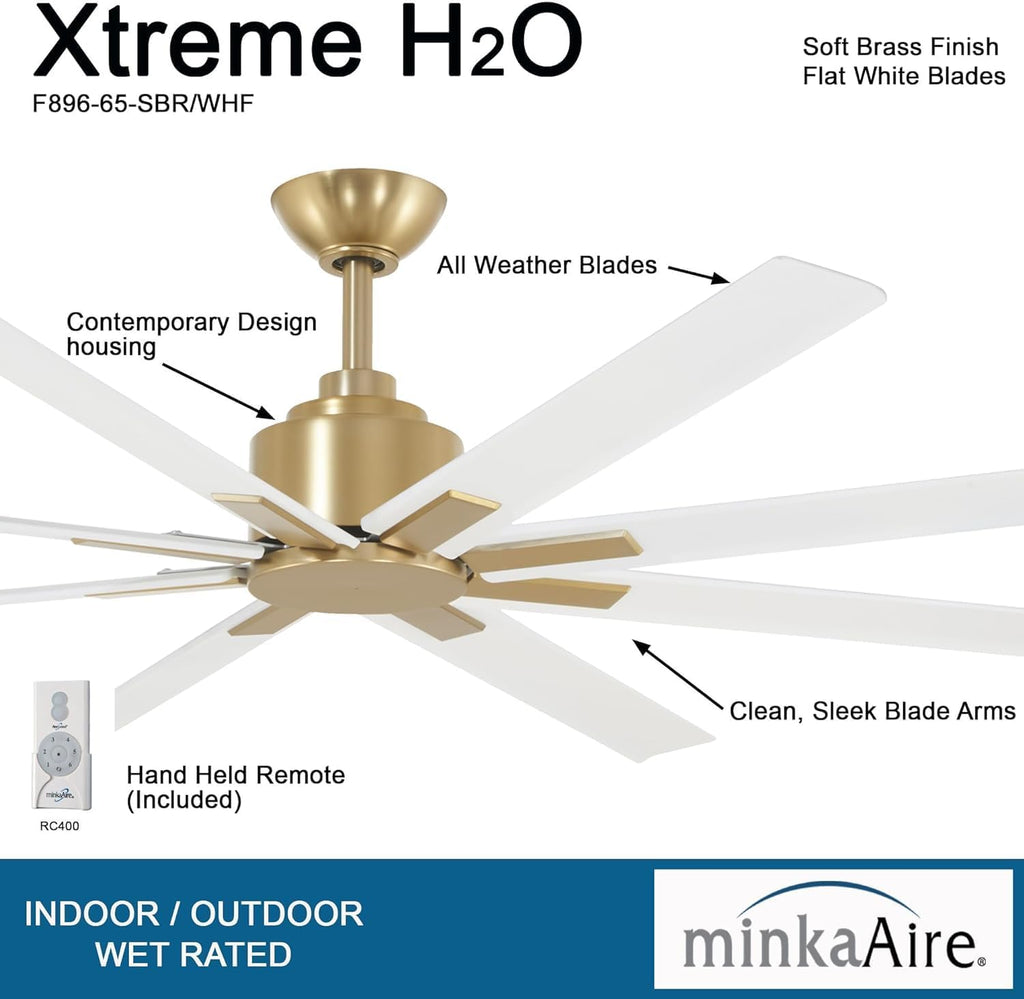 MINKA-AIRE F896-84-SBR/WHF Xtreme H2O 84 Inch DC Motor Outdoor Ceiling Fan with Remote Control in Soft Brass Finish with Flat White Blades