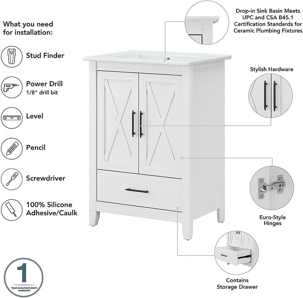 Bush Home Key West 48W Double Vanity Set with Sinks, Medicine Cabinets and Linen Tower in White Ash