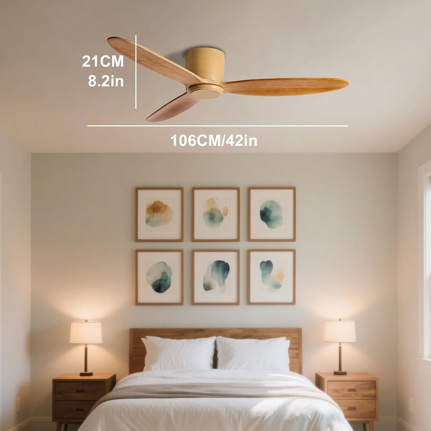 Flush Mount Ceiling Fans with Remote, Solid Wood 42in Low Profile Ceiling Fan Without Lights Modern 6 Speeds Ceiling Fan No Light for Bedroom Living Room Dining Room
