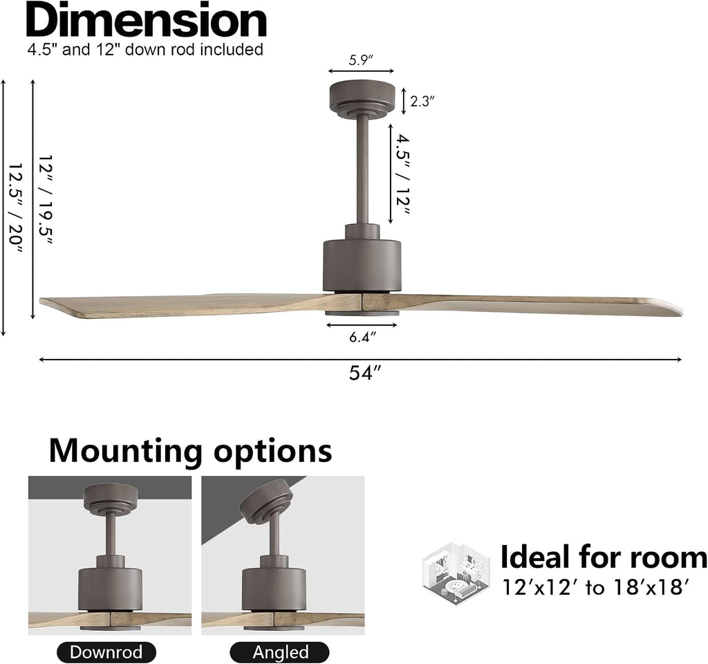 WINGBO 54 Inch DC Ceiling Fan without Lights, 4 Carved Solid Wood Blades, 6-Speed Noiseless Reversible DC Motor, Modern Ceiling Fan No Light with Remote, Graphite Finish with Gray Blades, ETL Listed