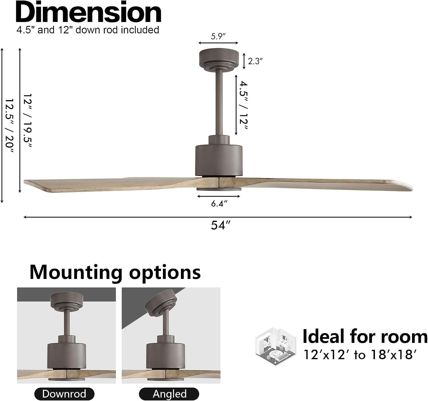 WINGBO 54 Inch DC Ceiling Fan without Lights, 4 Carved Solid Wood Blades, 6-Speed Noiseless Reversible DC Motor, Modern Ceiling Fan No Light with Remote, Graphite Finish with Gray Blades, ETL Listed