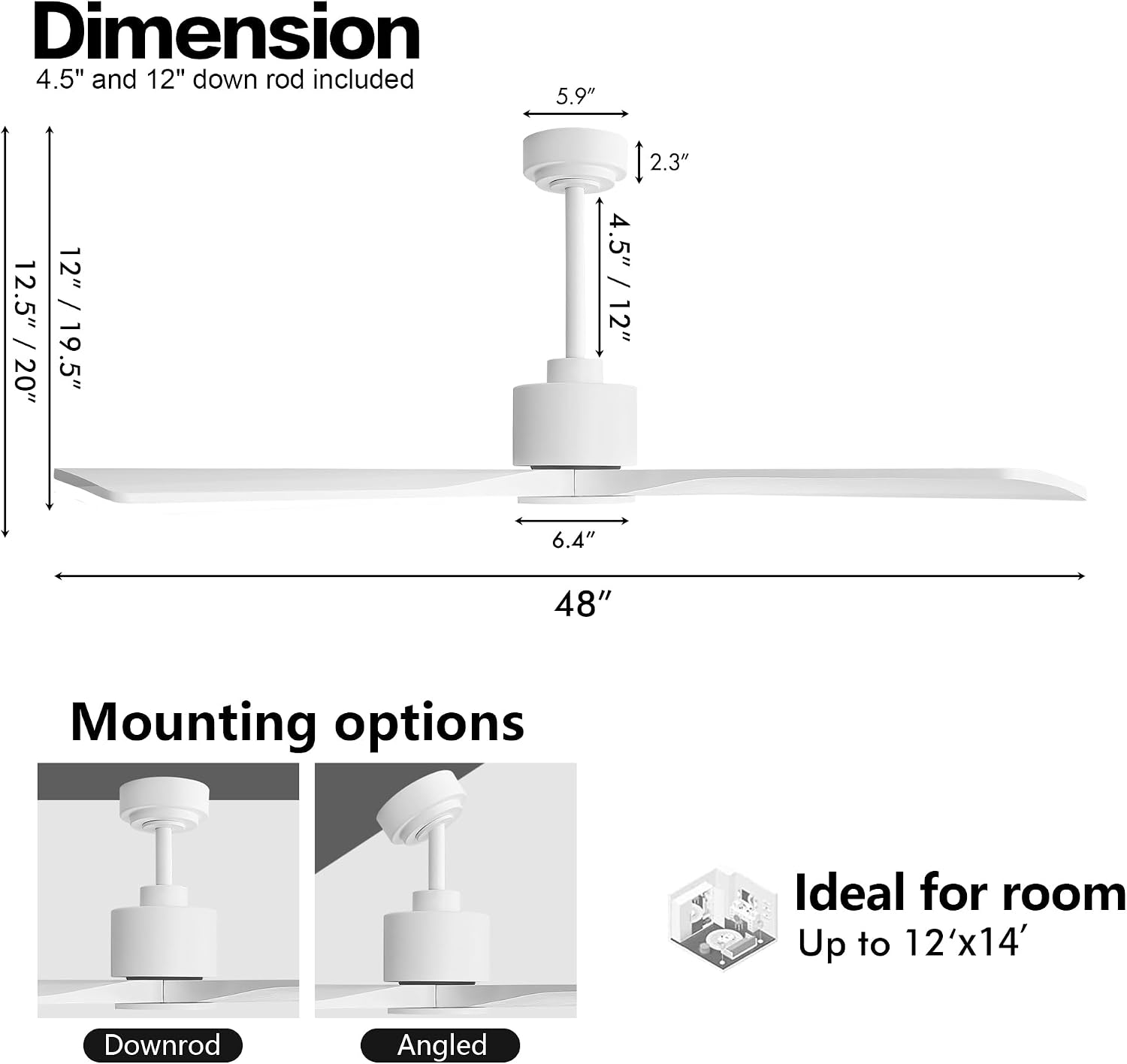 WINGBO 48' DC Ceiling Fan without Lights, 4 Carved Solid Wood Blades, 6-Speed Noiseless Reversible DC Motor, Modern Ceiling Fan No Light with Remote, Gloss White Finish with White Blades, ETL Listed