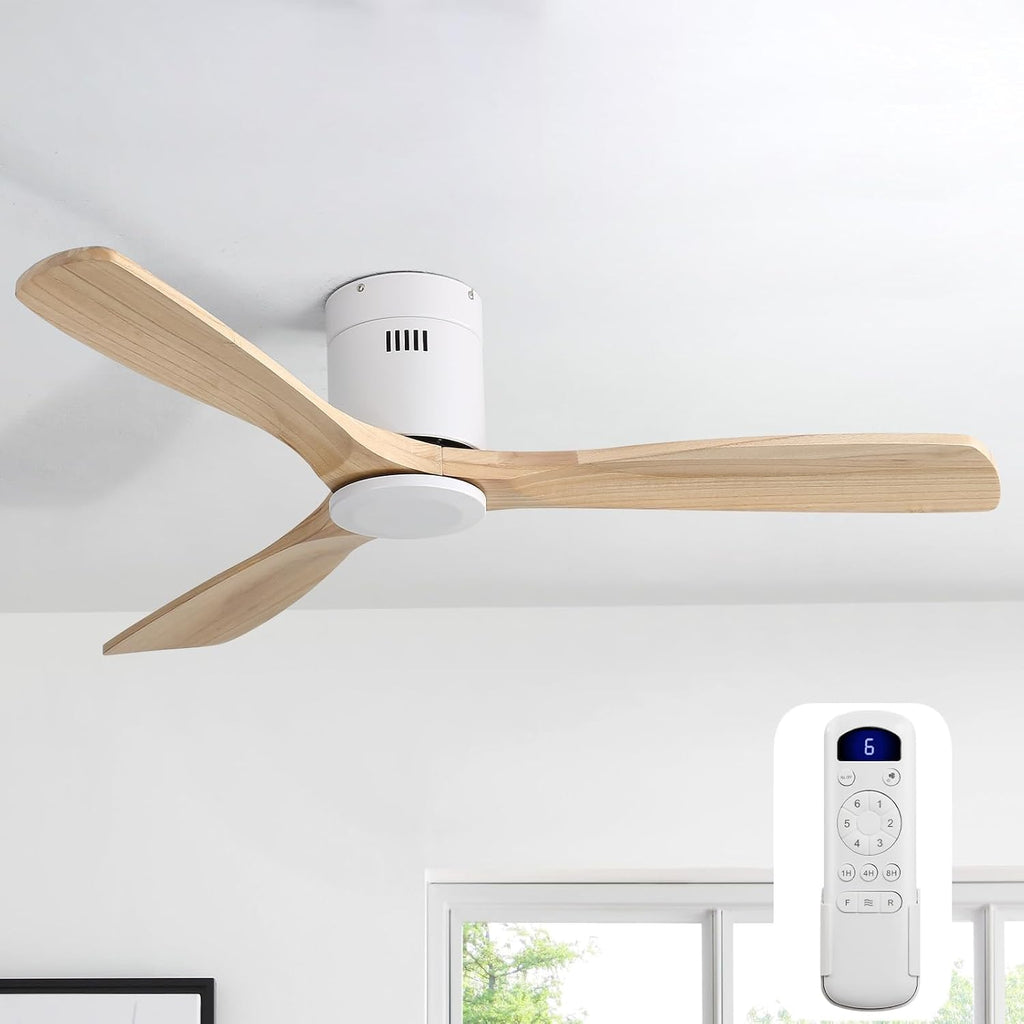 Sofucor 52 Inch Solid Wood Ceiling Fan Without Lights Flush Mount Ceiling Fans with Remote Control-Wood Blades Modern Outdoor Ceiling Fan No Light for Bedroom/Living Room/Patio/Indoor,Natural Wood