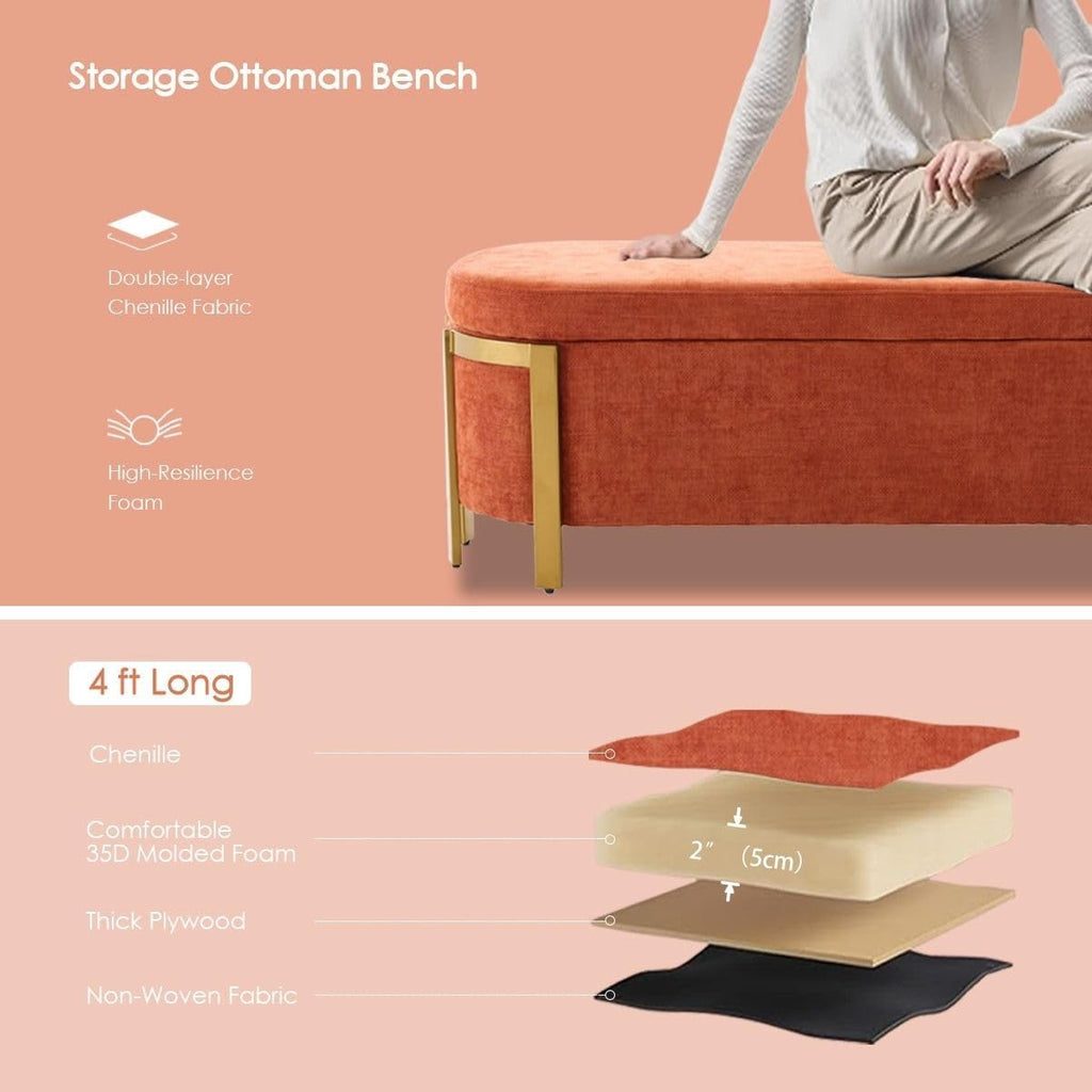 Hyfirm 48' Burnt Orange Storage Ottoman Bench – Oval Upholstered Stool with Gold Legs & Padded Seat, Long Settee for Living Room, Bedroom, End of Bed, Entryway, Hallway
