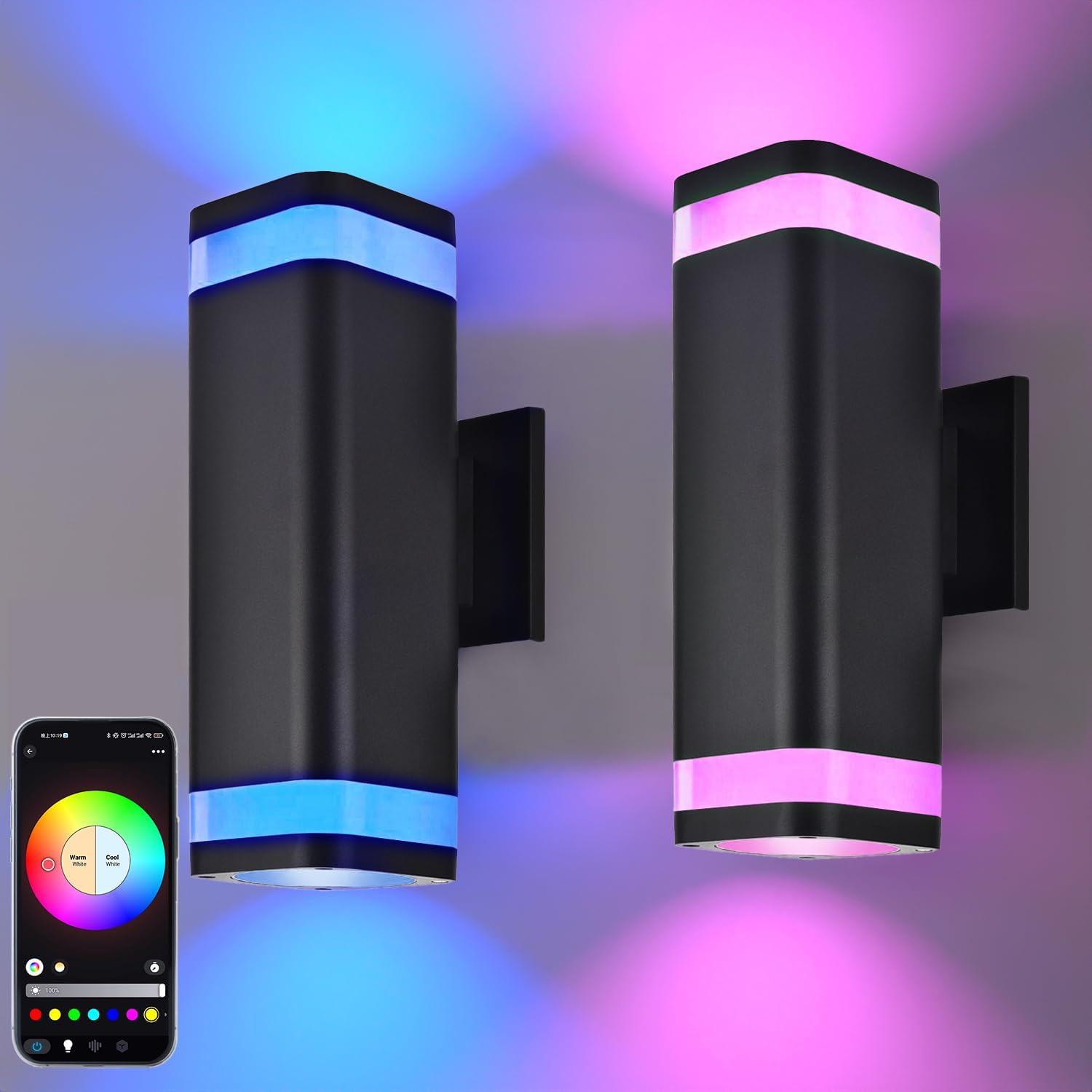 wowlite Smart Up and Down Lights Outdoor 2 Pack, RGBCW Exterior Lighting Fixtures WiFi App Control 2700K-6500K Ambience Wall Sconce Light Color Changing, Black Exterior Lights for House Porch Patio