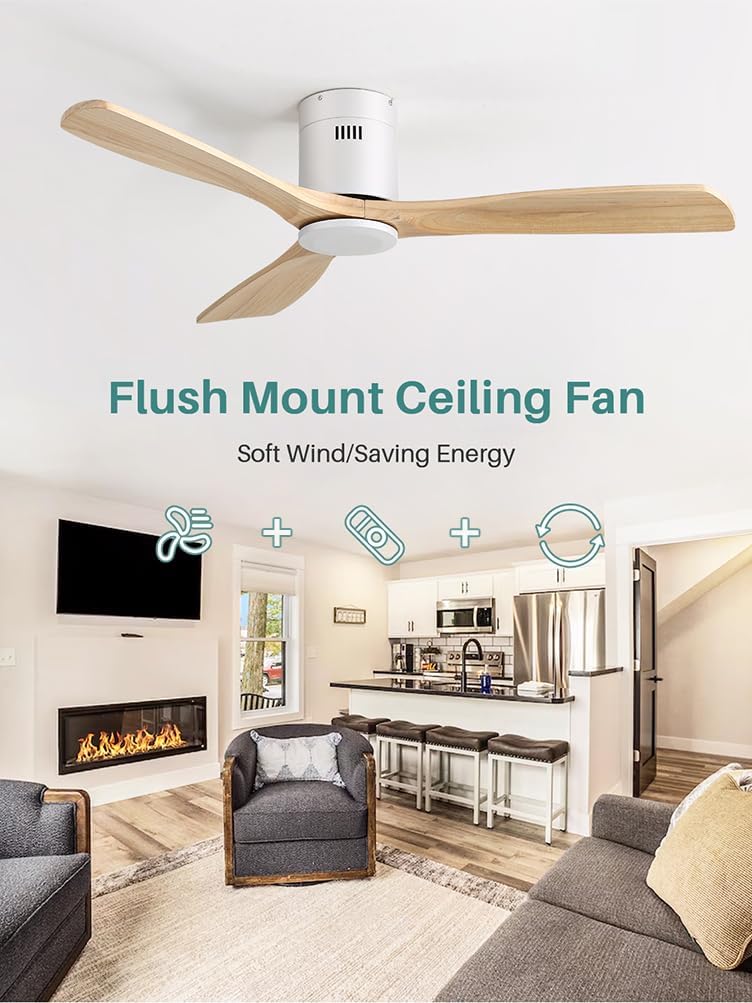 Sofucor 52 Inch Solid Wood Ceiling Fan Without Lights Flush Mount Ceiling Fans with Remote Control-Wood Blades Modern Outdoor Ceiling Fan No Light for Bedroom/Living Room/Patio/Indoor,Natural Wood