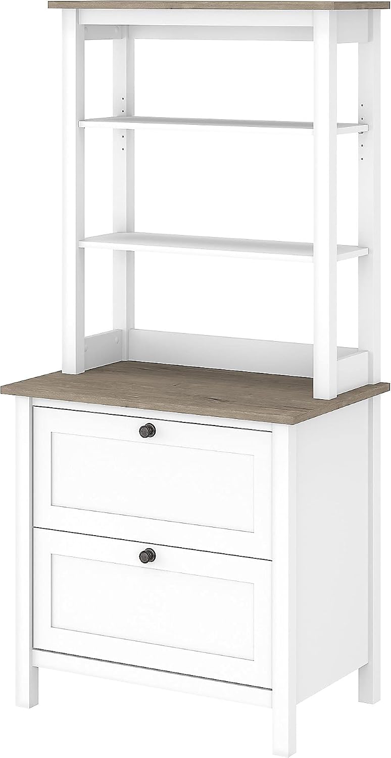 Bush Home Mayfield Bookcase with Drawers in Pure White and Shiplap Gray