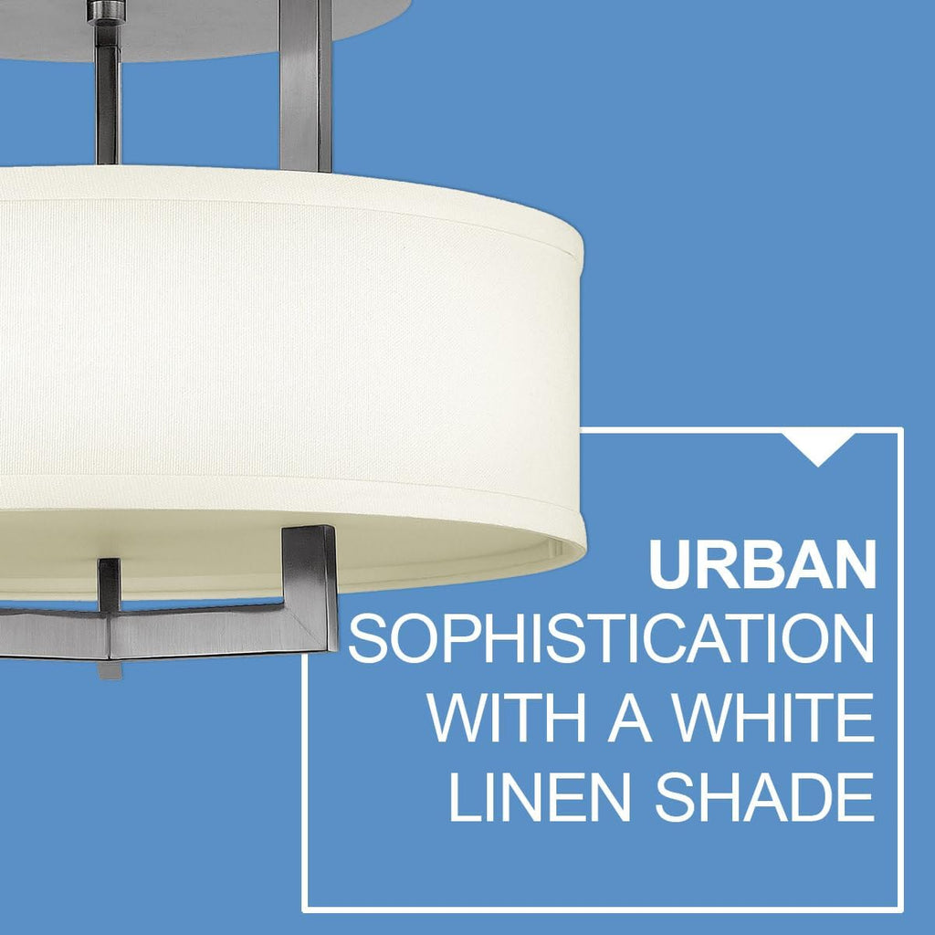 Hinkley Hampton Semi-Flush Three Light 15-in Dia. Ceiling Mount, Off-White Linen Drum Shade, Acrylic Diffuser, Antique Nickel Finish