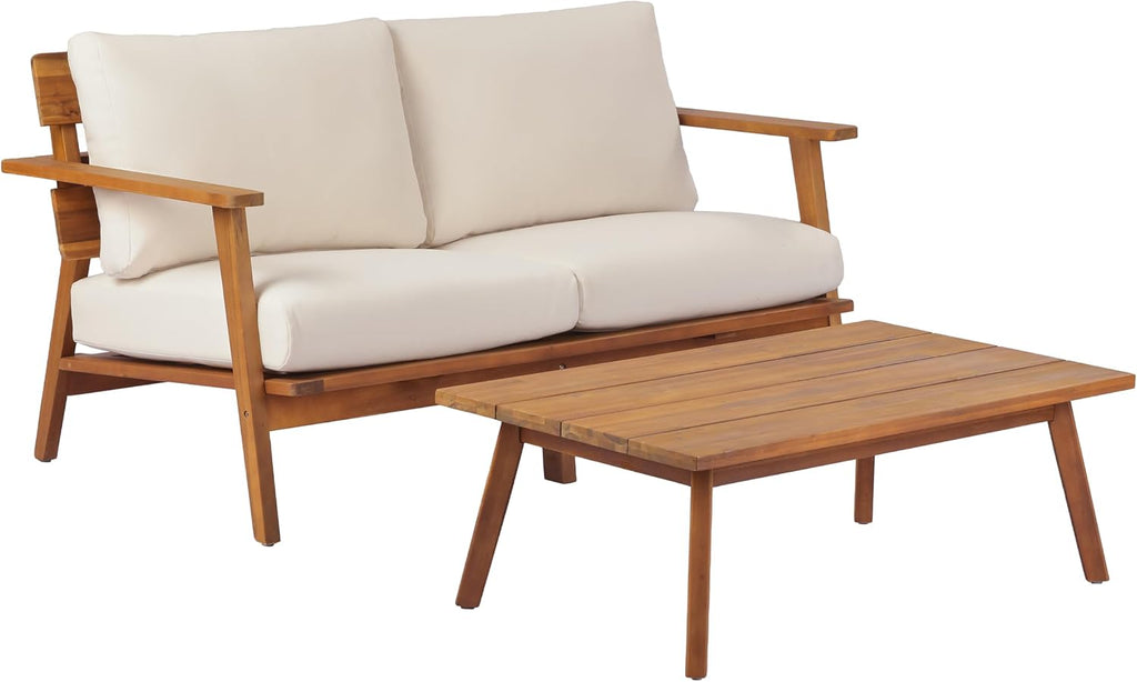 Christopher Knight Home Colmar 2 Pieces Conversation Set, Mid Century Patio Loveseat Sofa and Coffee Table, Outdoor Acacia Wood Loveseat and Table Set with Cushions in Slats Panels Design, Teak+ Beige