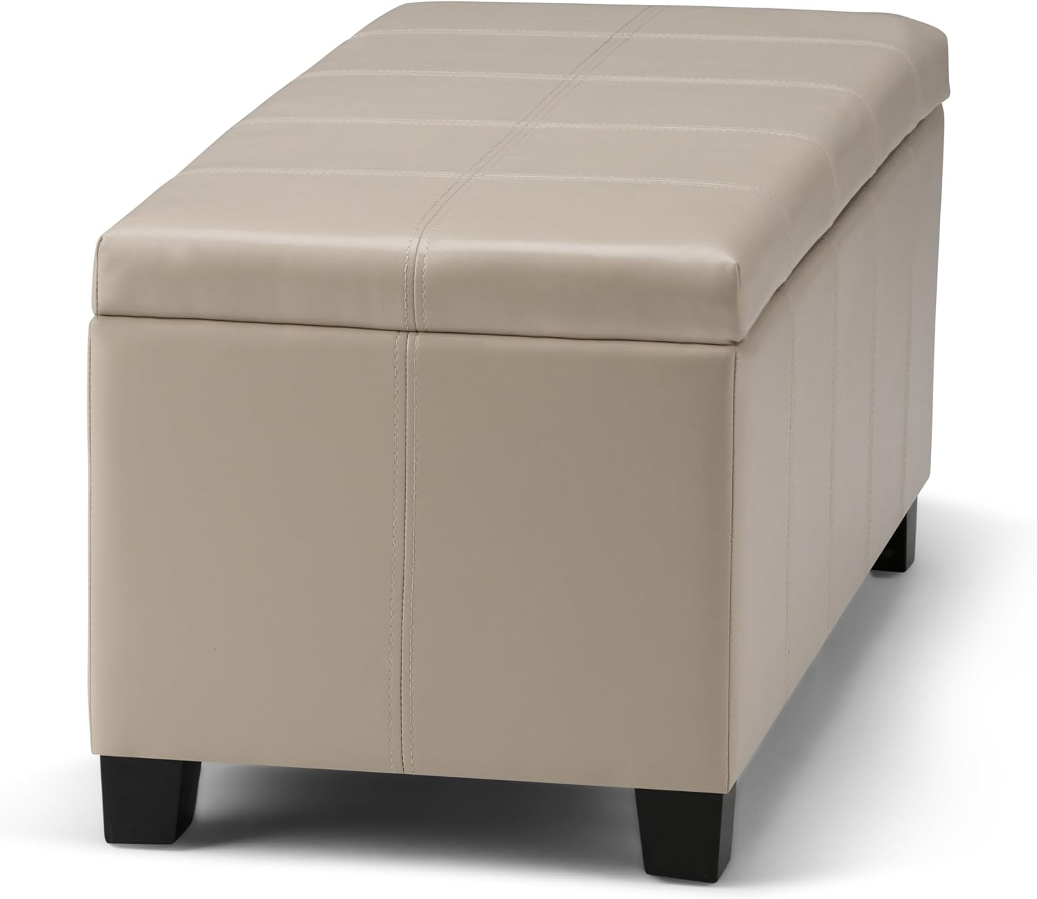 SIMPLIHOME Dover Storage Ottoman Bench - 36 inch Wide Upholstered Vegan Leather Rectangular Lift-Top Ottoman in Satin Cream, Contemporary Bench for Living Room with Safety Hinges