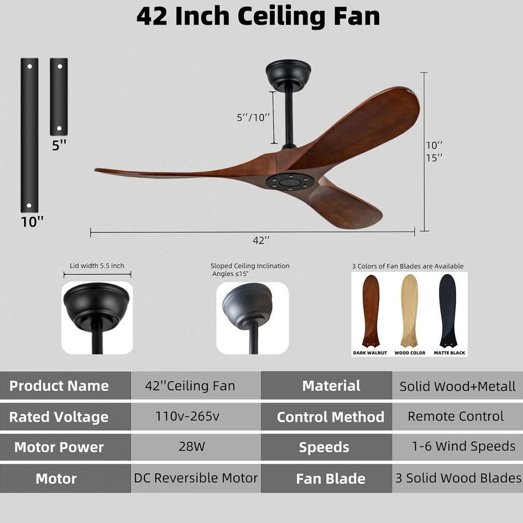 42 Inch Ceiling Fan Unlit, Solid Wood Ceiling Fan Unlit, with Remote Control, Reversible DC Motor, Indoor Bedroom Living Room Office Outdoor Patio Ceiling Fan