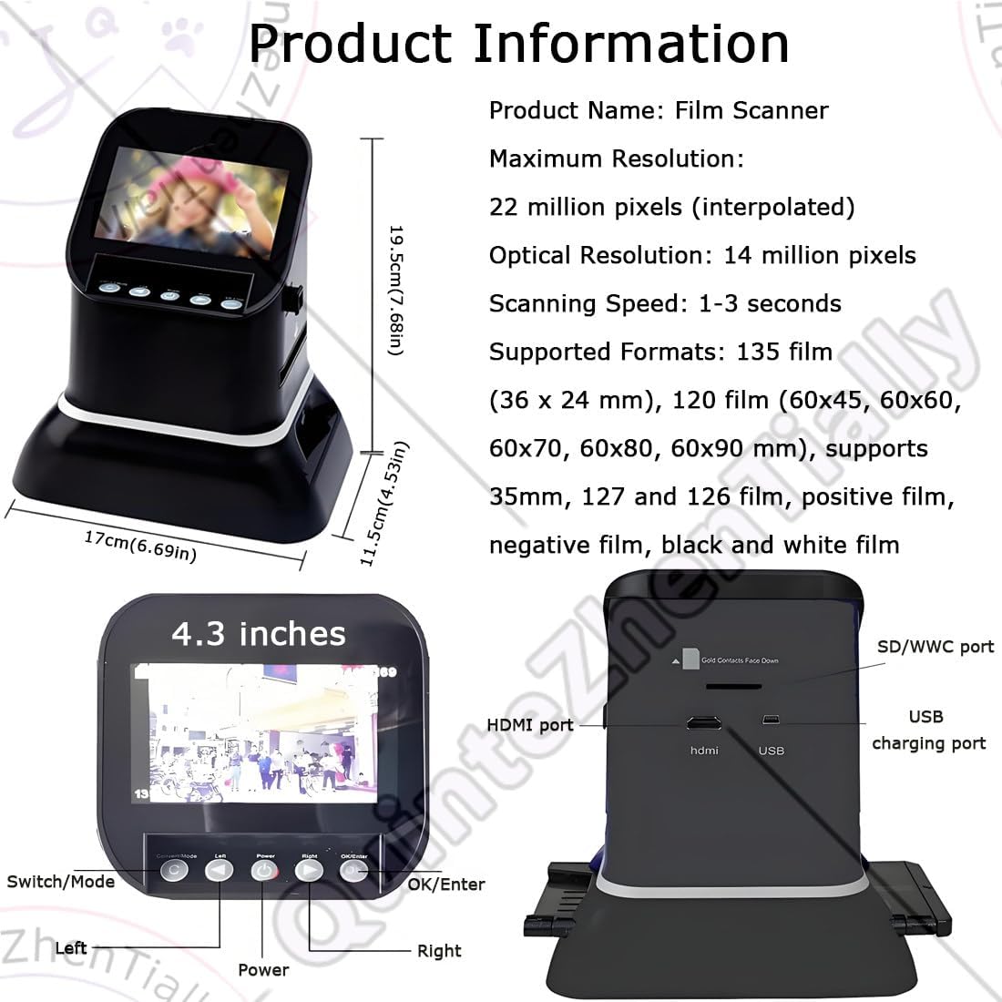 4.3' LCD All-in-One Digital Converter,High Resolution Film Slide Scanner,22 Mega Pixels Negative Photo Scanners,with 128mb Memory for Old Photo Slides & Films