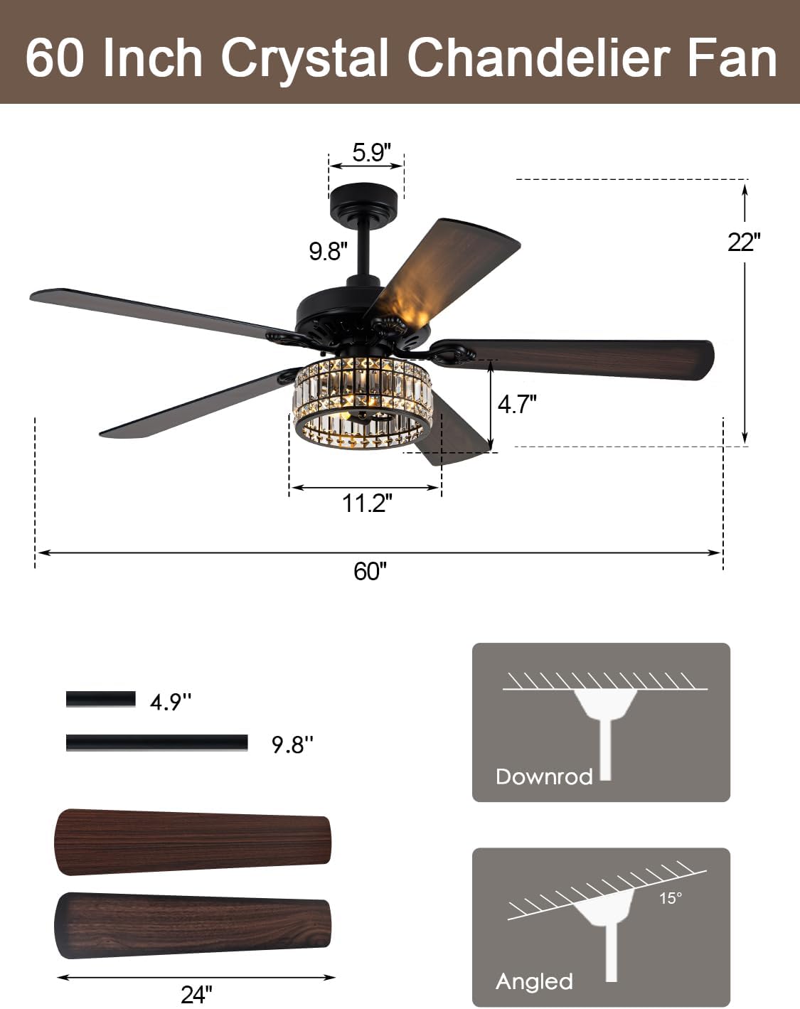 60 Inch Crystal Ceiling Fan with Lights Remote Large Chandelier Ceiling Fan Crystal Caged Fandelier, Indoor Outdoor 5 Dual Blades Reversible Quiet DC Motor 6 Speeds for Living Room Patio
