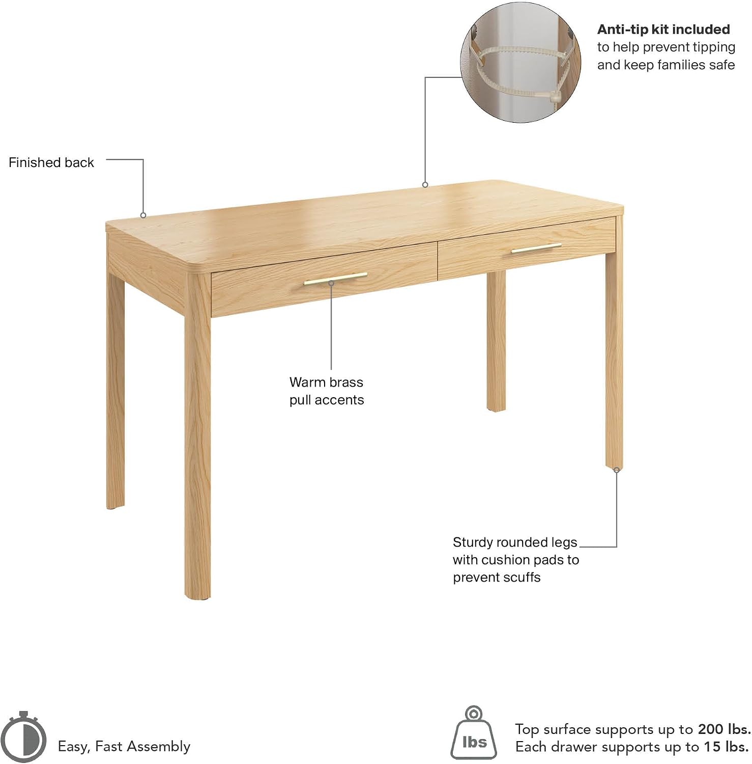 Bush Home Vera 54W Writing Desk, Home Office Furniture, Vera Collection, Natural White Oak