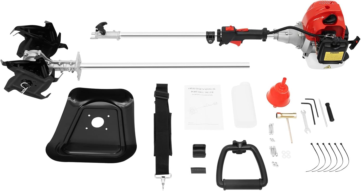 Tiller Cultivator,43CC Garden Cultivator,2-StrokeTiller for Gardening,with Cordless and Long Pole Design,Diaphragm Carburetor, for Garden, Lawn, Digging, Root/Weed Removal and Soil Cultivation
